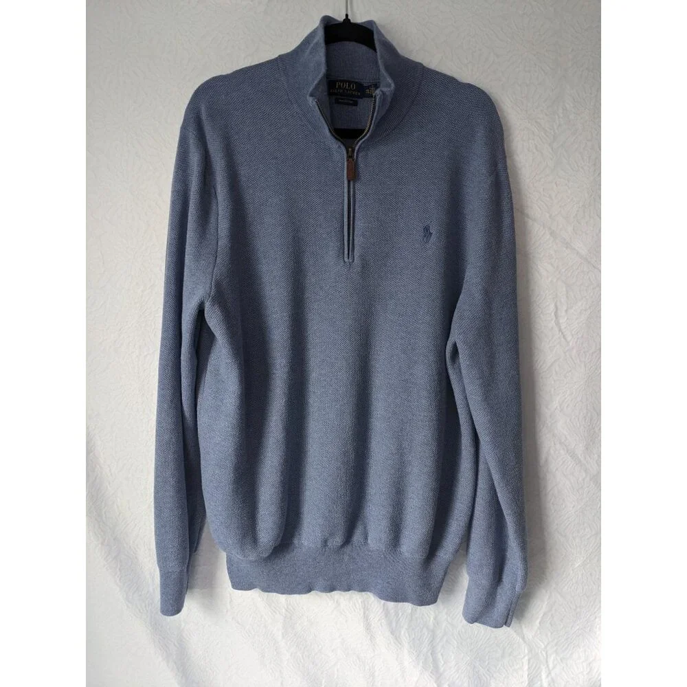 POLO RALPH LAUREN Pima Cotton Quarter-Zip Pullover Sweater Blue XXL Worn on TV
